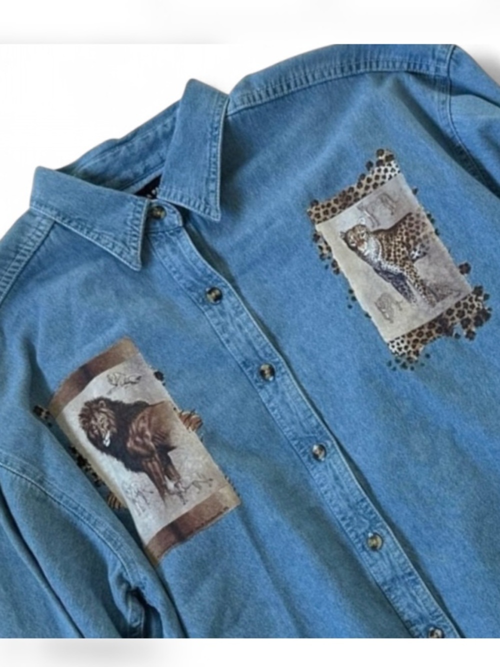 Vintage Safari Animal Patch Denim Shirt Oversized Lion Tiger Chambray Button‎ Up